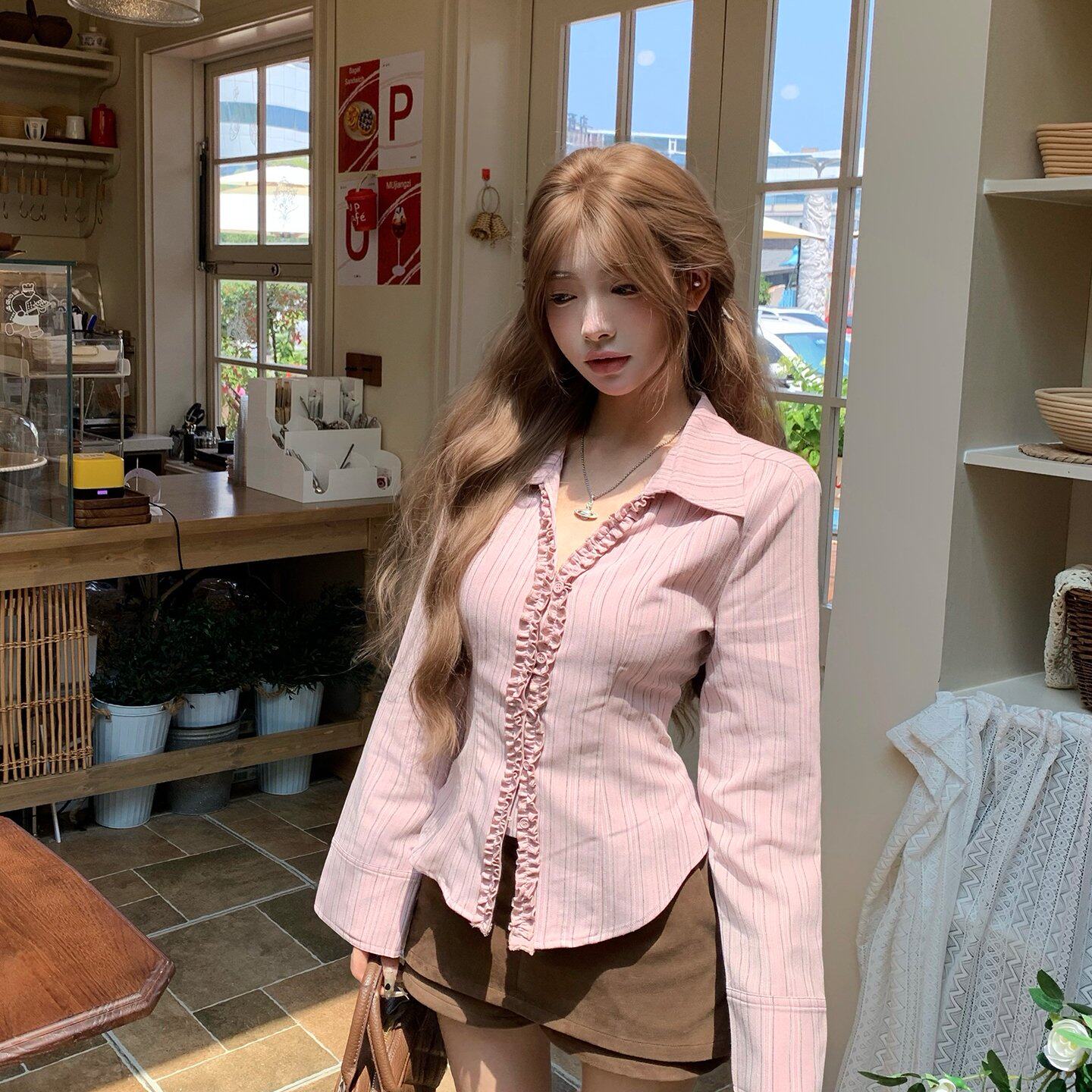 七颗虾滑条纹衬衫2025秋季女新款设计感小众独特法式修身收腰上衣