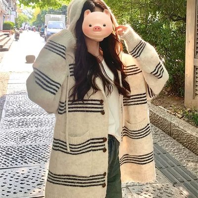 慵懒风条纹连帽针织开衫女早秋穿搭中长款高级感长袖毛衣外套上衣