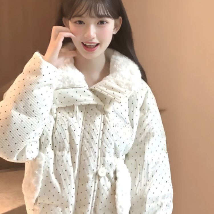 灯芯绒波点羽绒棉服女2025冬季新款加厚宽松毛领面包服外套上衣