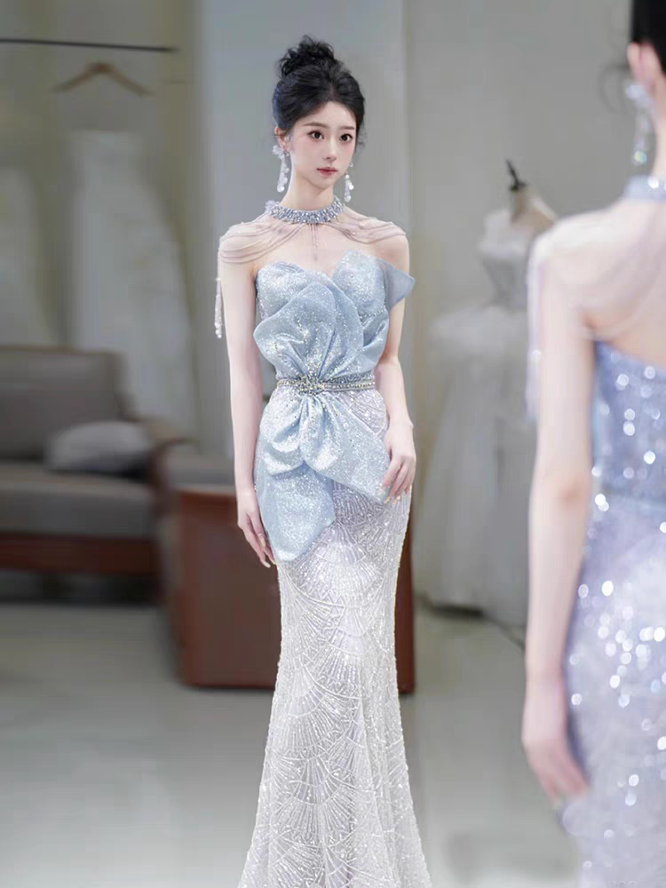 出租鱼尾晚礼服裙女2026新款高级感宴会轻奢小众法式敬酒蓝色订婚