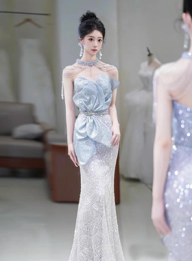 出租鱼尾晚礼服裙女2025新款高级感宴会轻奢小众法式敬酒蓝色订婚