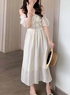 温柔气质仙女裙纯色一字肩