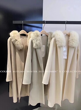 alwaysiris 媛鸢/2022冬coline气质简约浴袍款腰带狐狸毛连帽大衣