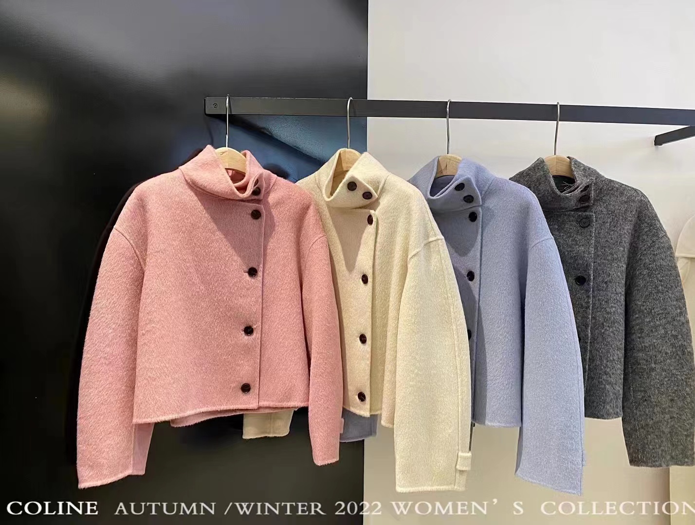 气质百搭短款羊毛纽扣落肩