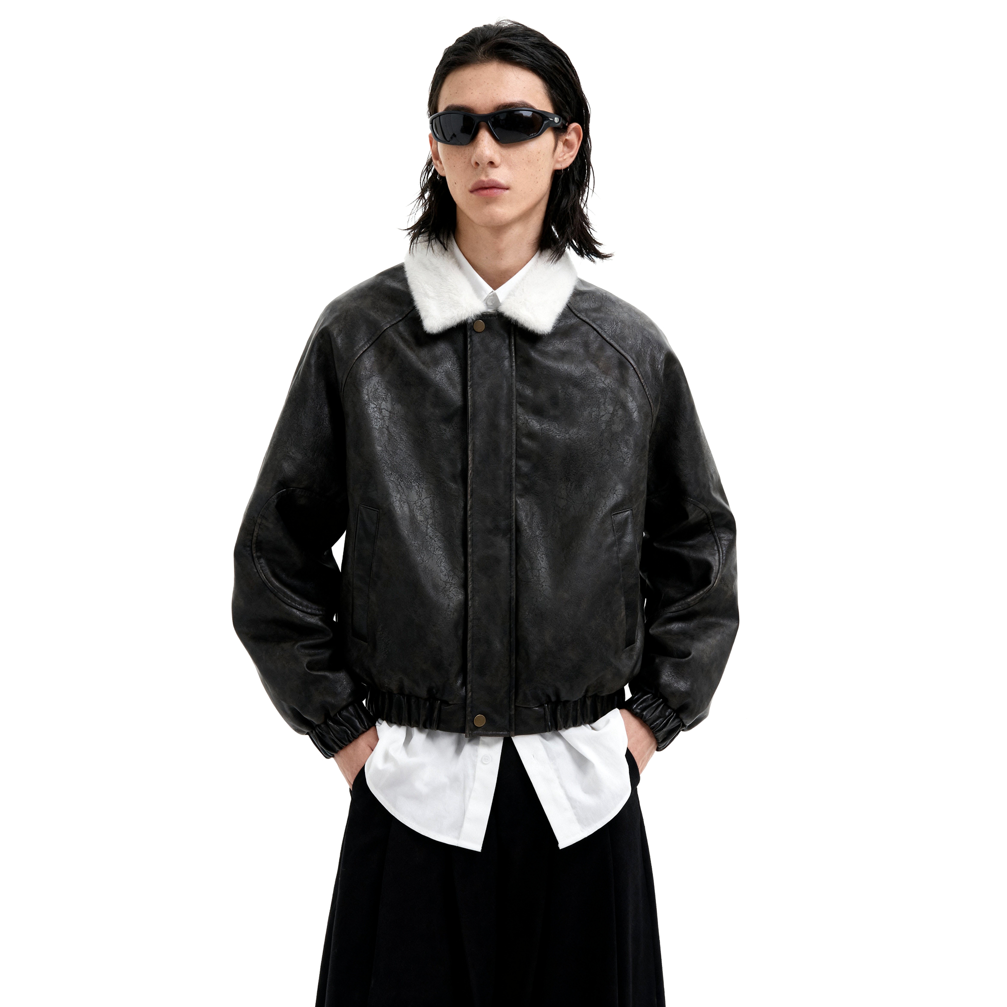 短句先生毛绒领做旧皮质夹克棉衣