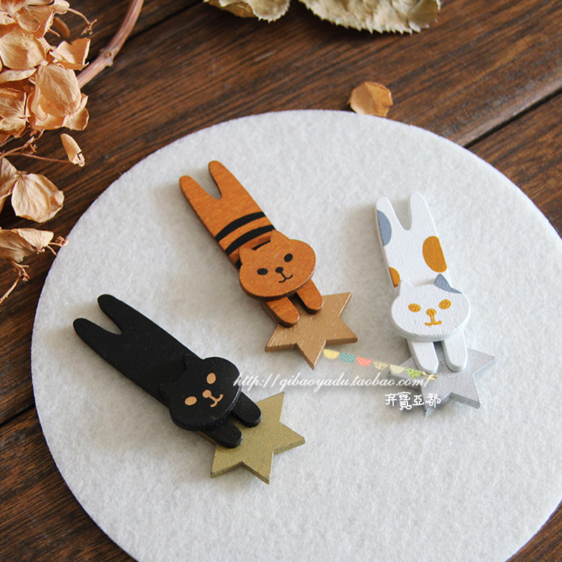 日本单Decole Concombre zakka热销木质复古三色流星猫磁性冰箱贴