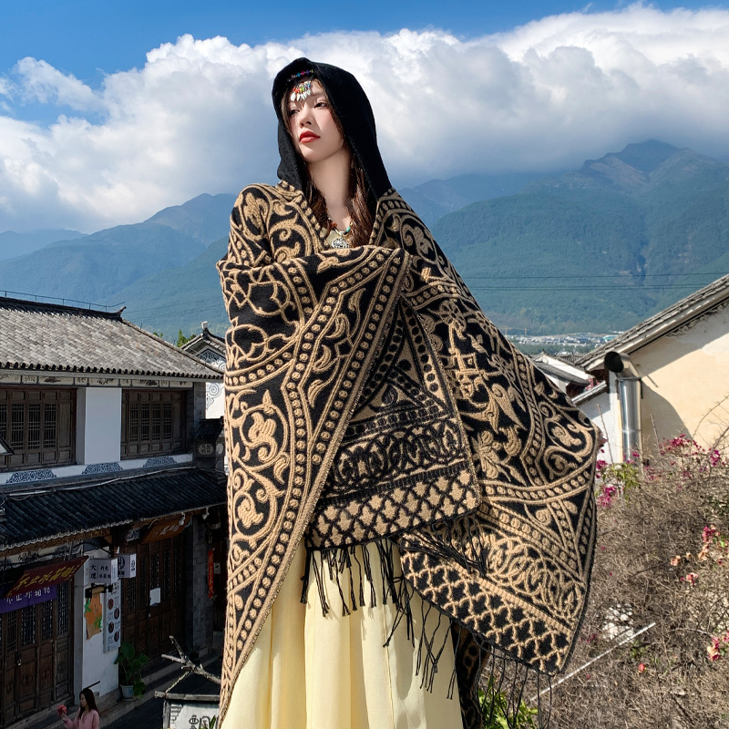 波西米亚民族风织金祥云开叉披肩配裙子外搭开衫连帽子一体巾披风