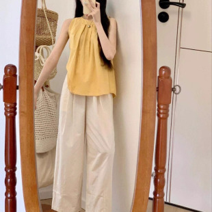 夏季 多巴胺穿搭一整套搭配松弛感韩系chin阔腿裤 穿搭棉麻时尚 套装