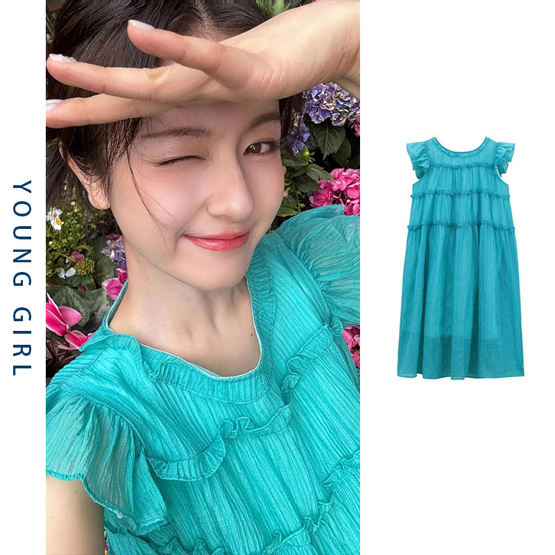 李兰迪明星同款蓝色飞飞袖连衣裙女夏季宽松仙女裙小个子可盐可甜