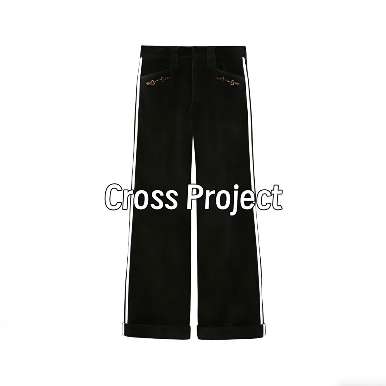 CROSSPROJECT*26SS黑色灯芯绒锁链扣baggy西裤折角堆积感松弛百搭