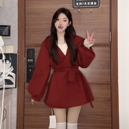 2025春秋冬季新款韩版气质保暖中长款收腰显瘦绑带连帽灯笼袖外套