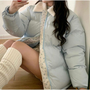 韩系甜美撞色学院风翻领羊毛羔棉衣外套女冬季加厚保暖棉服棉袄潮