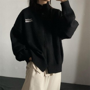 韩版中性风立领黑色套头毛衣学生秋冬季新款慵懒感加厚保暖针织衫