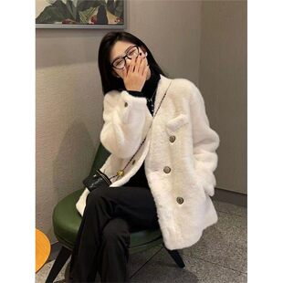 冬季温柔慵懒风小香风加绒加厚水貂绒蓝色外套女秋冬韩系时尚