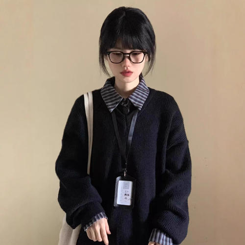 黑色宽松毛衣女2025秋冬
