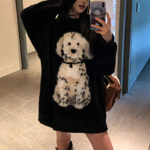 黑色毛衣女秋冬仿貂毛高级感超好看慵懒风宽松长款独特内搭针织衫