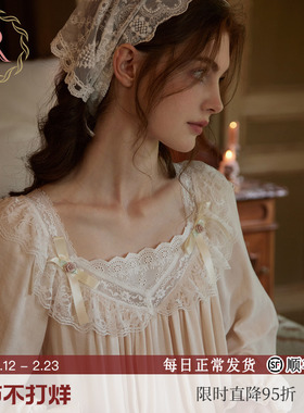 RoseTree棉纱睡裙女春秋季长袖长款复古法式绝美宫廷风高级感睡衣