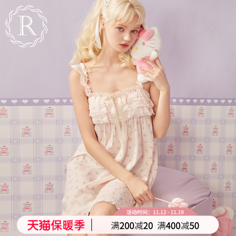 RoseTree吊带睡裙女款夏季纯棉甜美少女公主风碎花睡衣带胸垫夏天