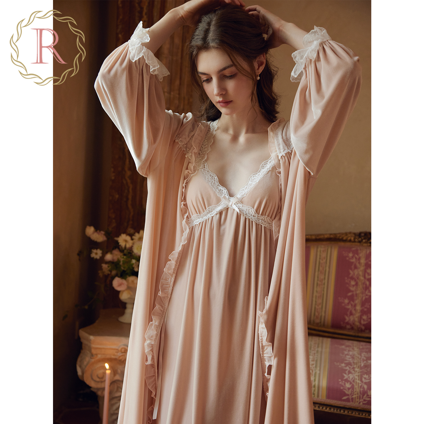 高级慵懒丝绒吊带长裙晨袍两件套