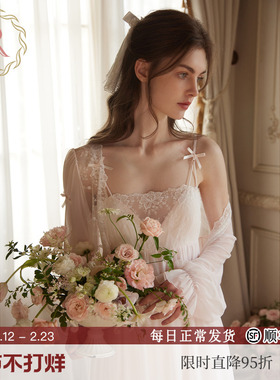 RoseTree新娘晨袍女春秋季法式蕾丝吊带睡裙睡袍两件套高级感睡衣