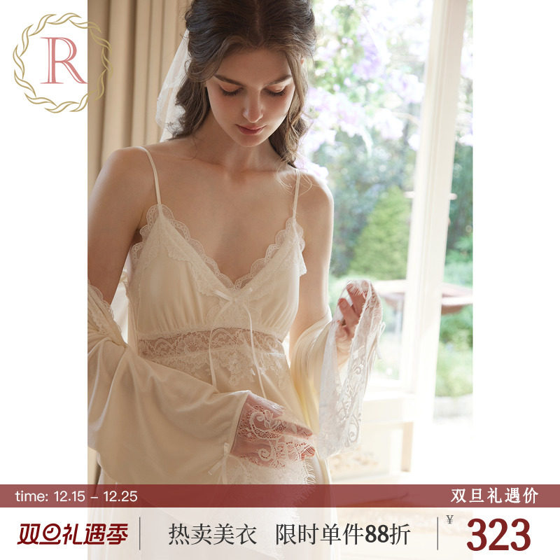 手写情诗法式蕾丝丝绒晨袍