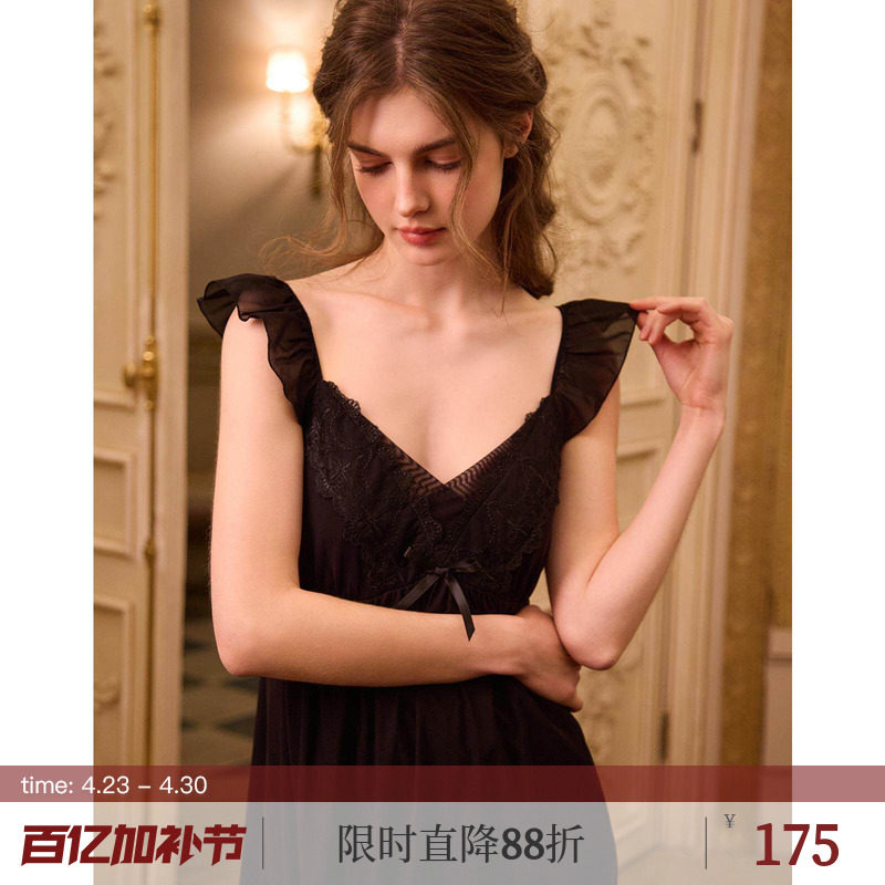 RoseTree性感睡裙女夏季黑色蕾丝法式宫廷风吊带睡衣裙带胸垫夏天