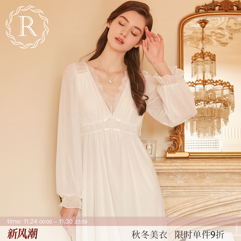 RoseTree优雅柔纱V领长袖睡裙