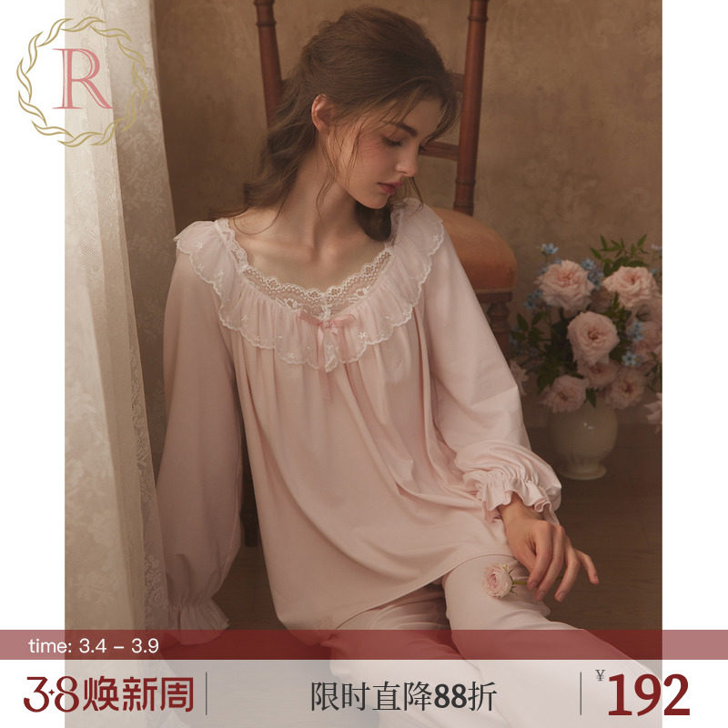 RoseTree宫廷风睡衣女款春秋季长袖蕾丝独特绝美家居服套装带胸垫