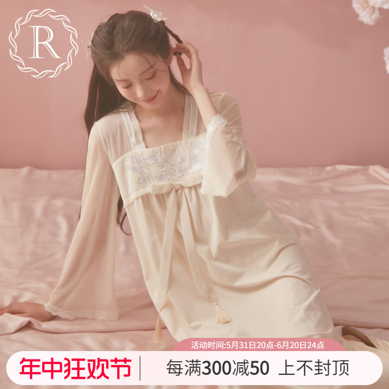 RoseTree睡裙女春秋款纯棉长袖汉服蕾丝古风汉元素少女长款睡衣裙