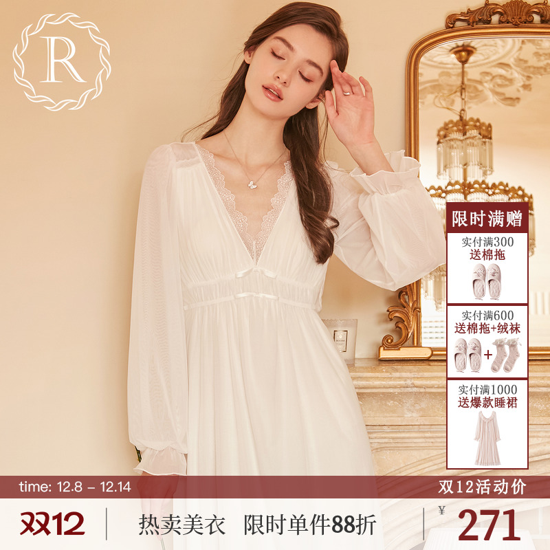 RoseTree优雅柔纱V领长袖睡裙