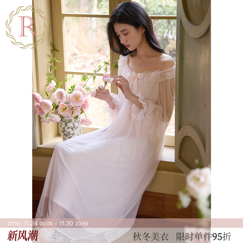 Rosetree甜美公主风网纱长袖睡裙