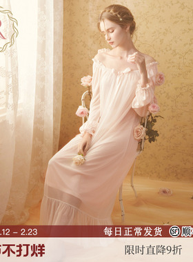RoseTree性感睡裙女春秋季长袖长款复古宫廷公主风甜美冰丝睡衣裙
