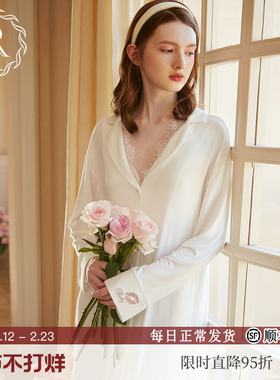 RoseTree莫代尔睡裙女款春秋季性感法式纯欲风白色衬衫睡衣衬衣夏