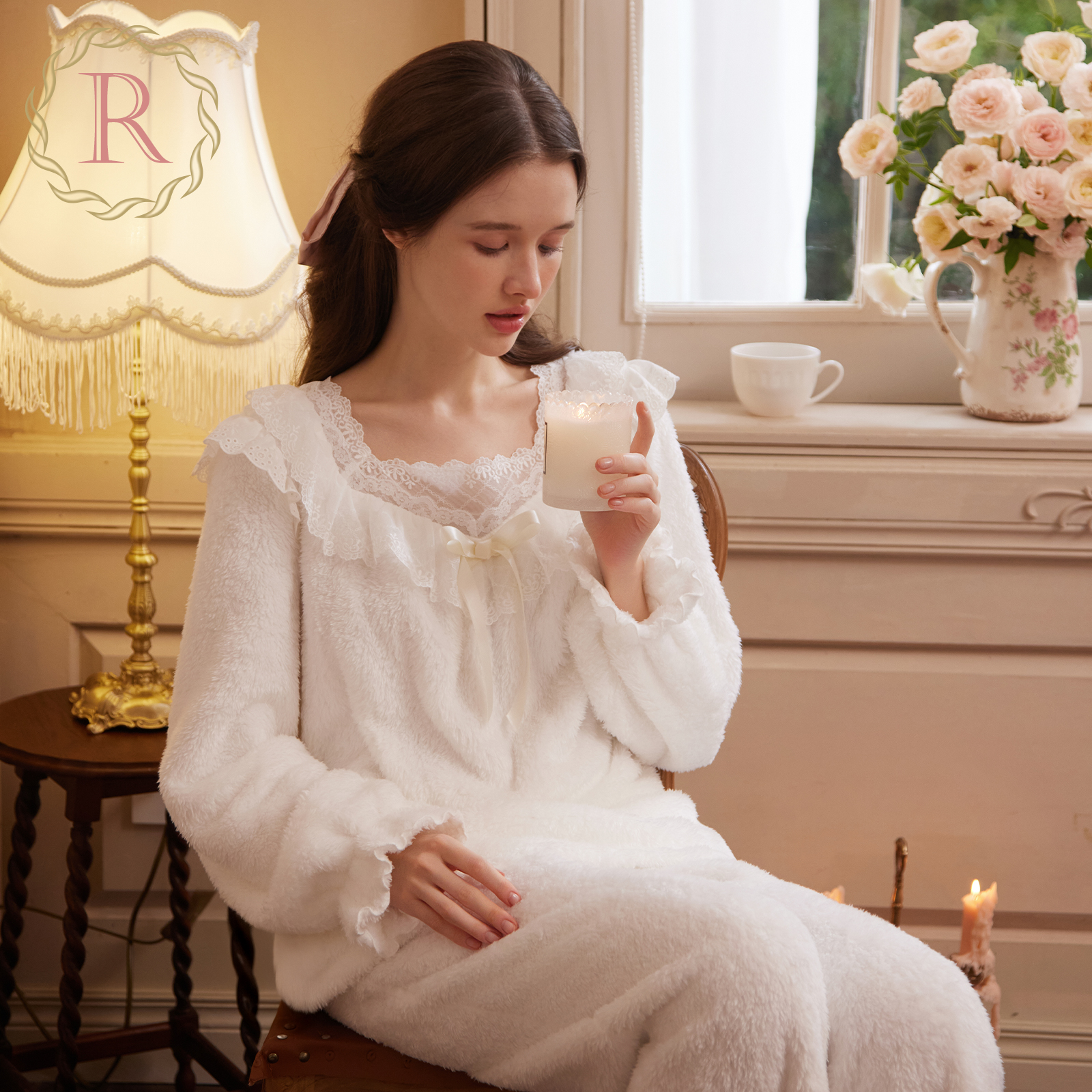 RoseTree少女花边法兰绒套头套装