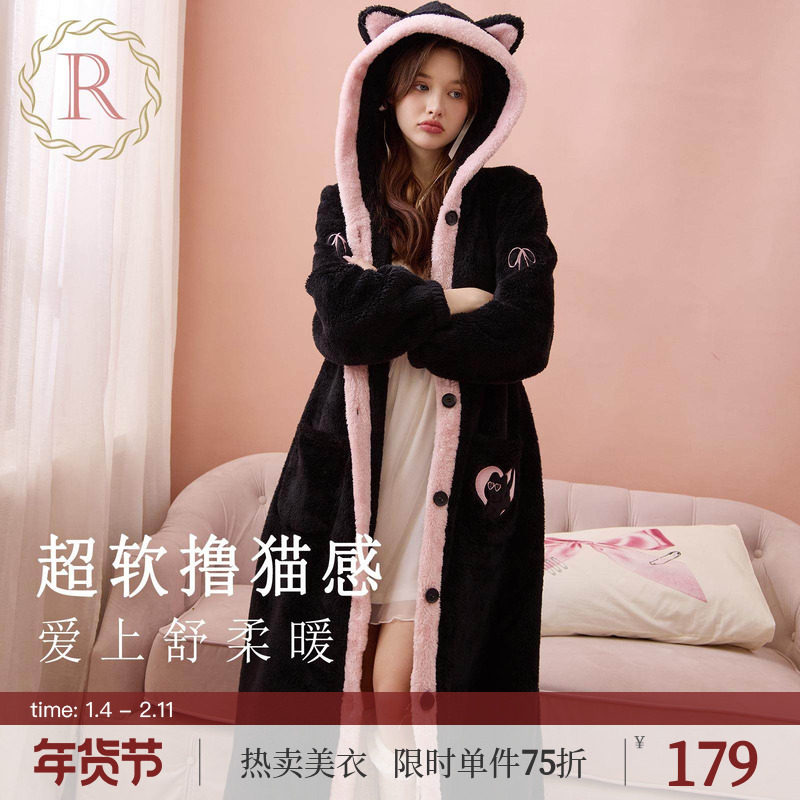 RoseTree珊瑚绒睡袍女款冬季可爱连帽黑色加绒保暖法兰绒睡衣长款,女士内衣/男士内衣/家居服,睡袍/浴袍,淘宝优惠券,粉丝福利购,淘宝优惠卷