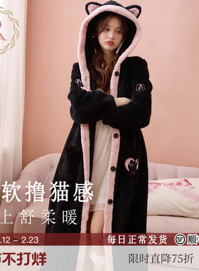 RoseTree珊瑚绒睡袍女款冬季可爱连帽黑色加绒保暖法兰绒睡衣长款