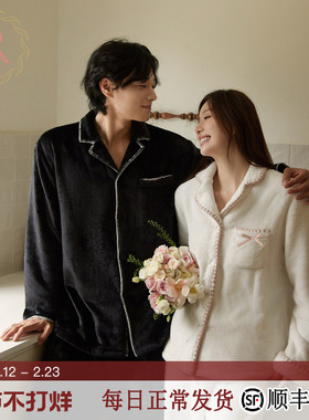 RoseTree珊瑚绒情侣睡衣男女款冬季加绒加厚家居服套装黑色可外穿