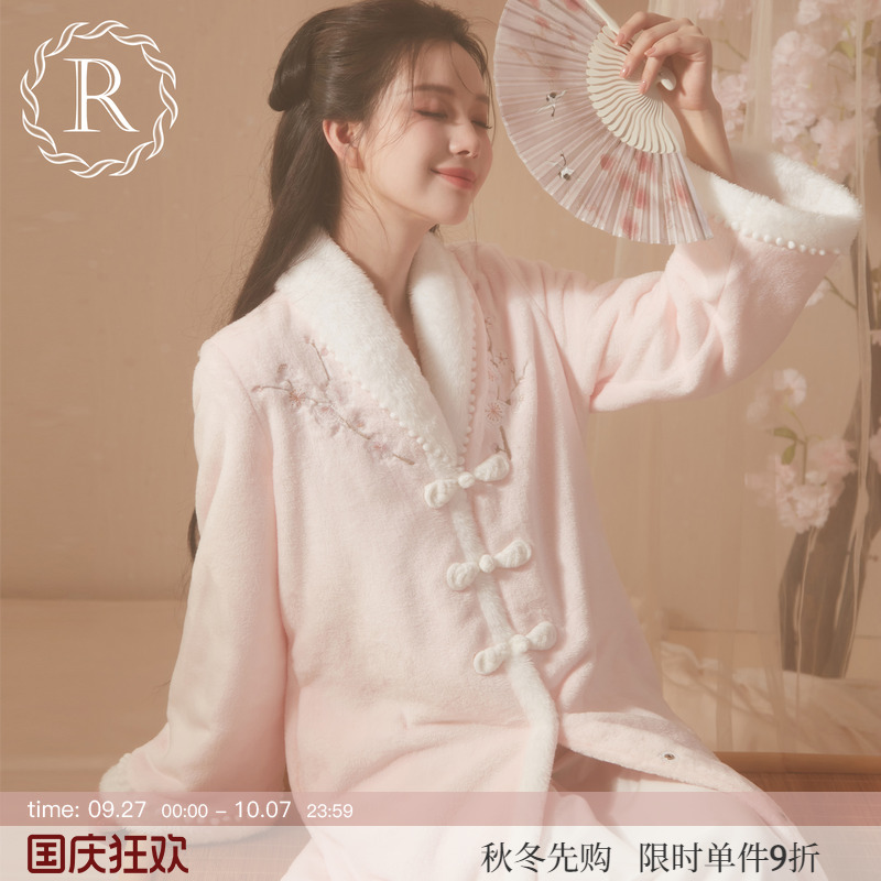 RoseTree国风梅花刺绣法兰绒睡袍
