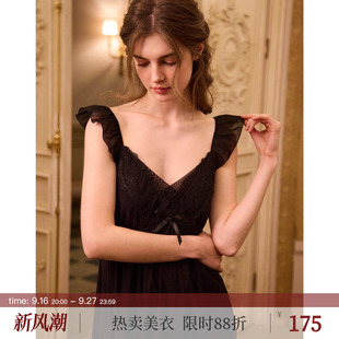 RoseTree性感睡裙女夏季黑色蕾丝法式宫廷风吊带睡衣裙带胸垫夏天