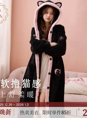 RoseTree珊瑚绒睡袍女款冬季可爱连帽黑色加绒保暖法兰绒睡衣长款