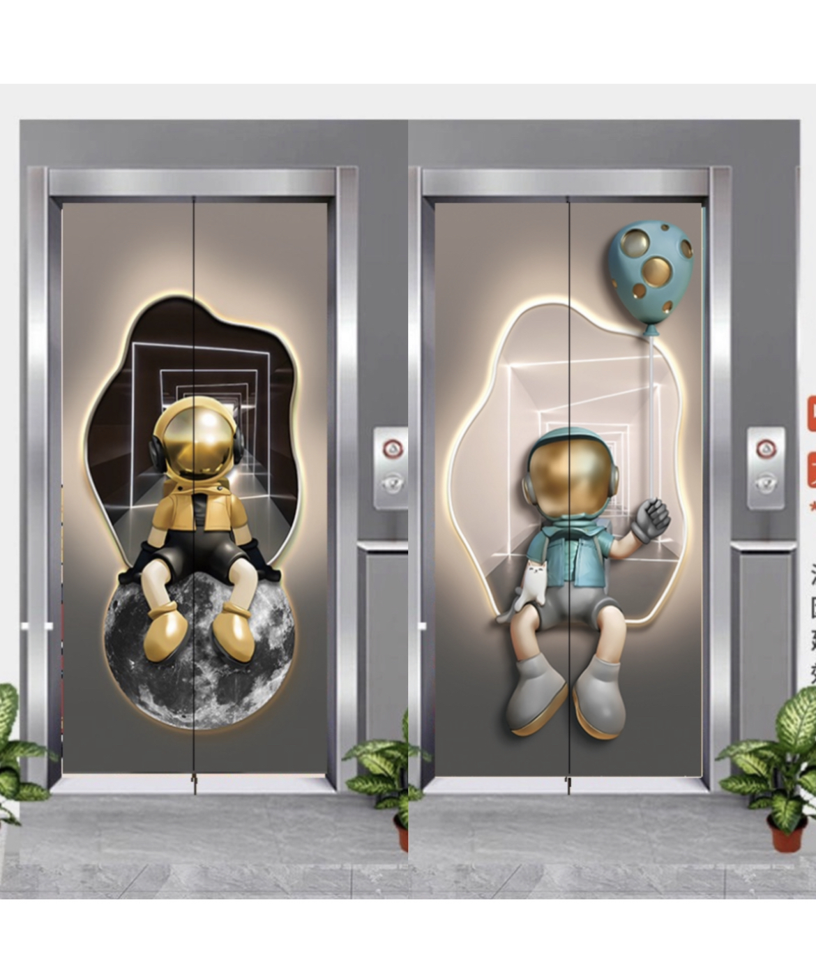 电梯门闪点膜加厚自粘防水磨砂太空人创意装饰一梯一户卡通贴纸