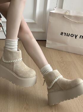 白色复古小个子增高厚底马丁靴女款2025新款秋冬加绒雪地勃肯短靴