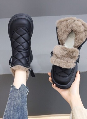 香港加绒加厚雪地靴女冬2025新款皮毛一体厚底棉靴保暖防寒面包鞋