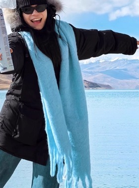 围巾女款2025新款冬披肩女生羊毛蓝色时尚洋气高档围巾韩系氛围感