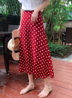 波点半身裙女夏季2025大码高腰显瘦红色a字裙子胖m中长款雪纺长裙