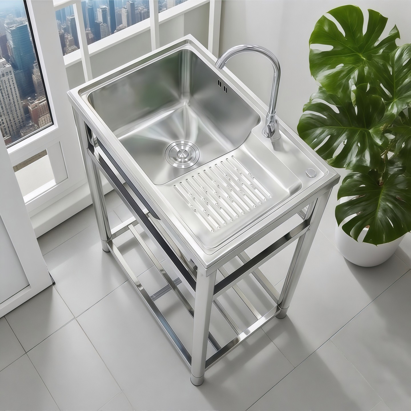 304不锈钢洗衣池庭院水槽带搓板台盆单盆洗衣槽落地式阳台大水池