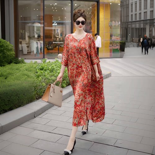 碎花真丝连衣裙女士夏季2024新款阔太太高端气质时尚桑蚕丝裙子