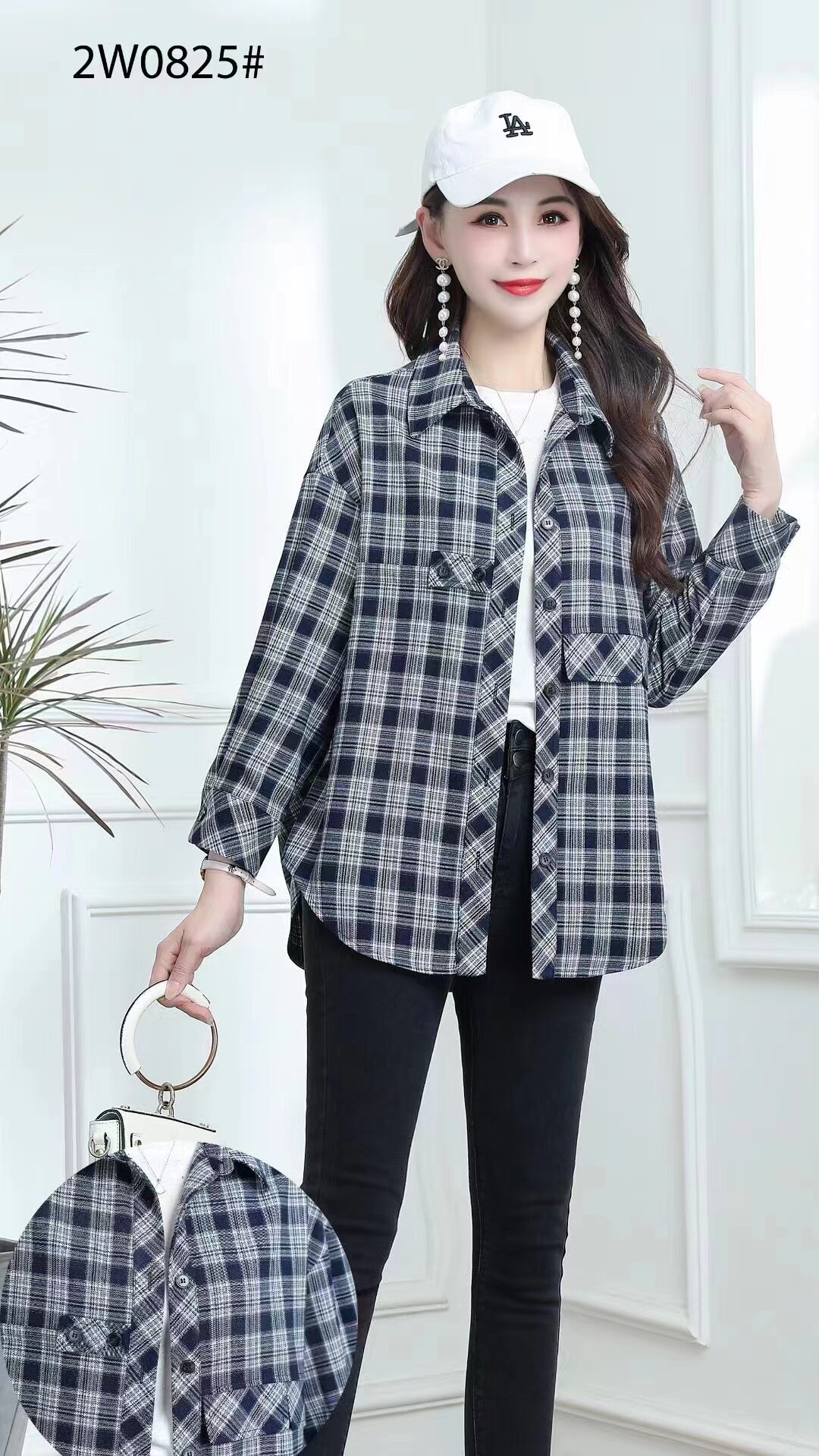 商场2022秋季新款宽松休闲衬衣开襟外套翻领格子上衣红娅轩2w0825