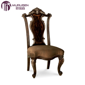 欧式实木雕刻做旧雕花餐椅美式古典鳄鱼纹棉麻布艺休闲扶手书椅子
