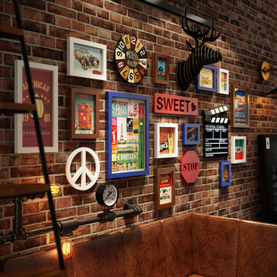 复古工业风照片墙相片挂钟麋鹿头组合相框钟表酒吧饭店客厅装 饰画